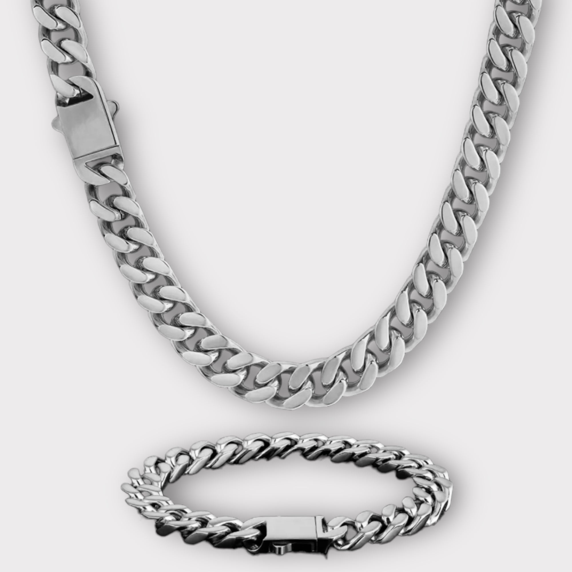 12mm Cuban Necklace Set Silver